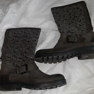 mimmu Shoes Mimmu Brown Leather And Lace Shin High Boots Made